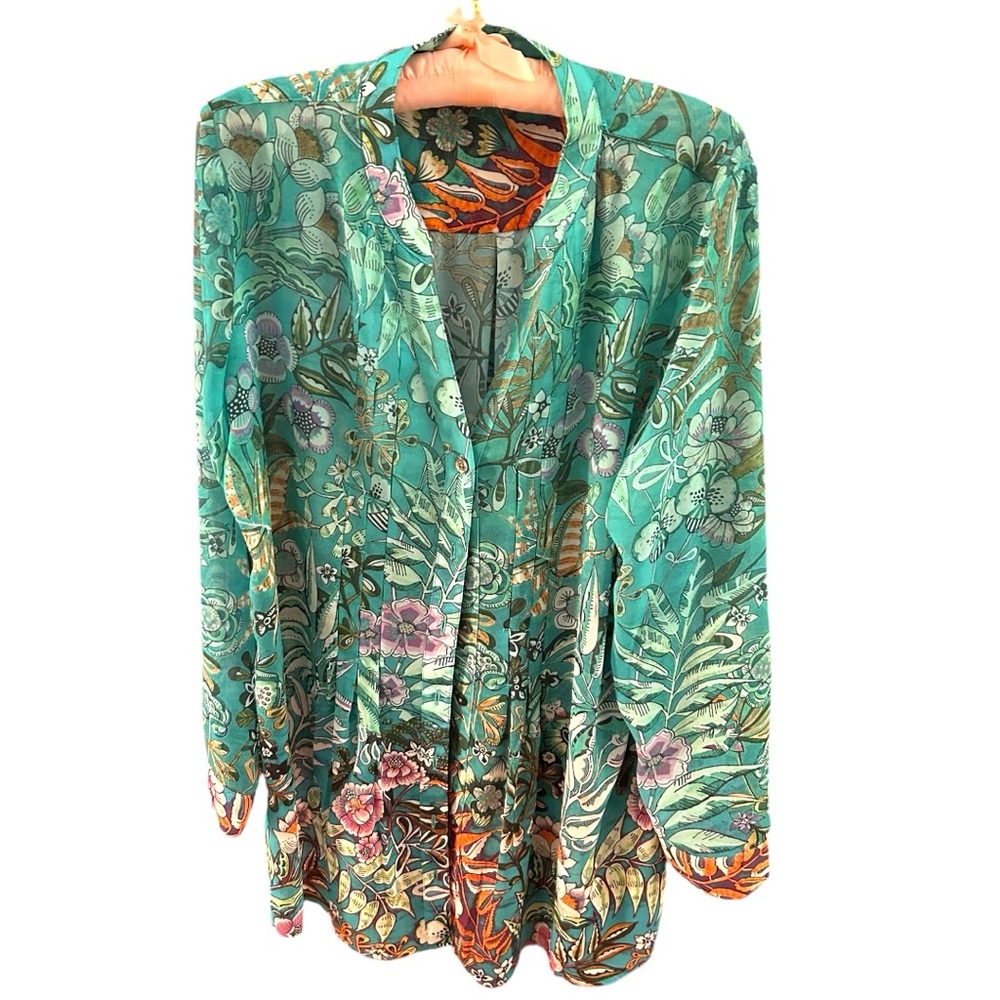 Soft Surroundings Green Floral Sheer Button Down Tunic Size L
